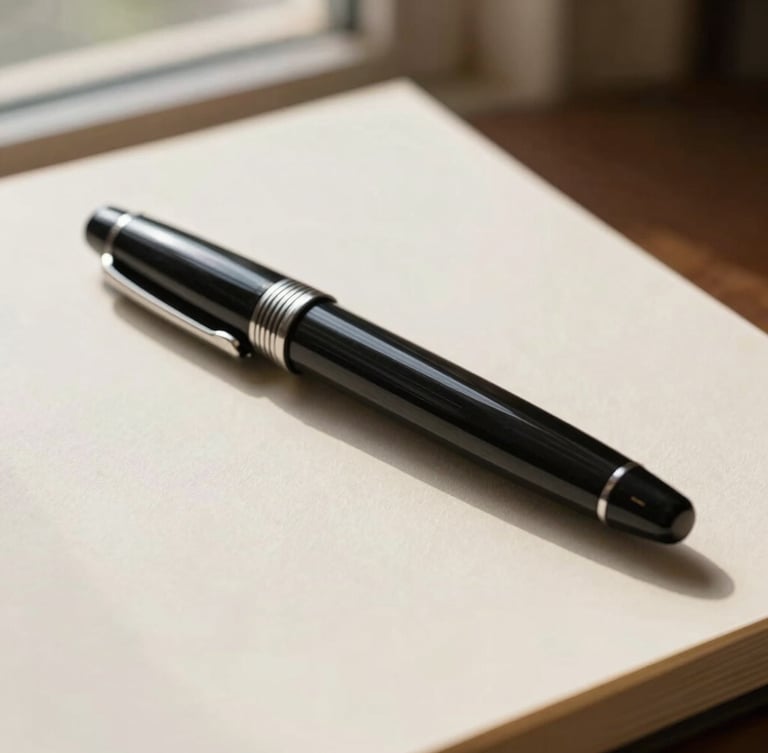 A classic black fountain pen resting on heavy, textured cream paper, soft side-lighting from a window, shallow depth of field, refined study setting.
