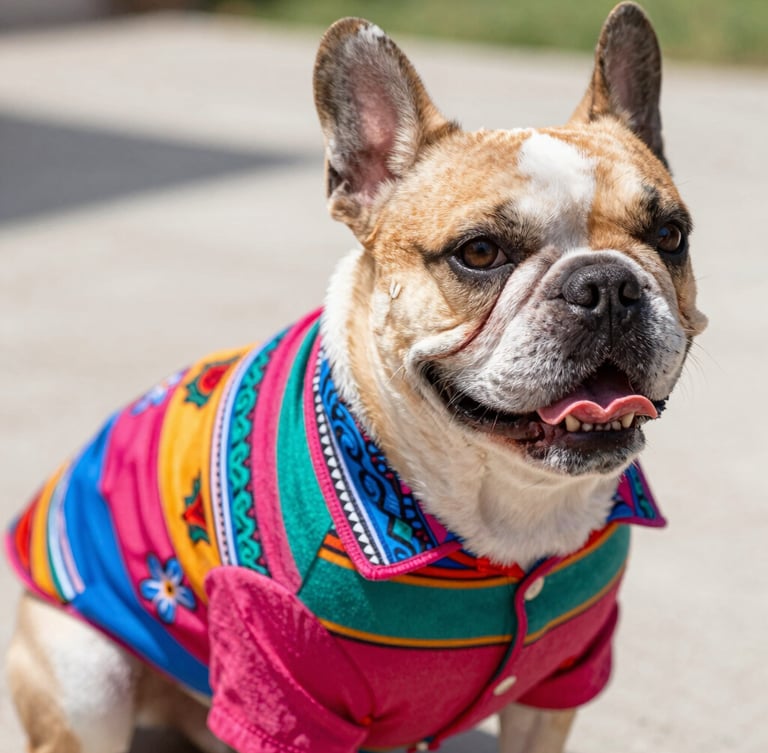 Vibrant pet photography, eye-level shot of a happy French bulldog wearing a custom colorful Mexican-patterned shirt, bright natural daylight, shallow depth of field, 35mm lens.
