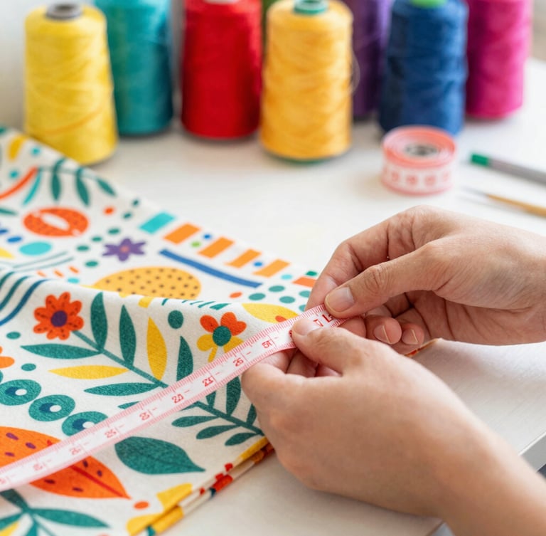 Close-up of artisan hands measuring a colorful patterned fabric with a soft tape measure in a bright, warm sewing workshop, vibrant sewing threads in background