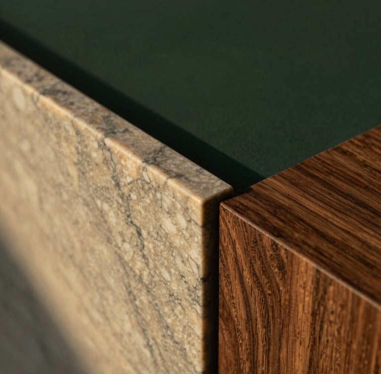 Macro shot of premium architectural materials, vein-cut travertine marble meeting dark walnut wood under soft natural light, minimalist detail.