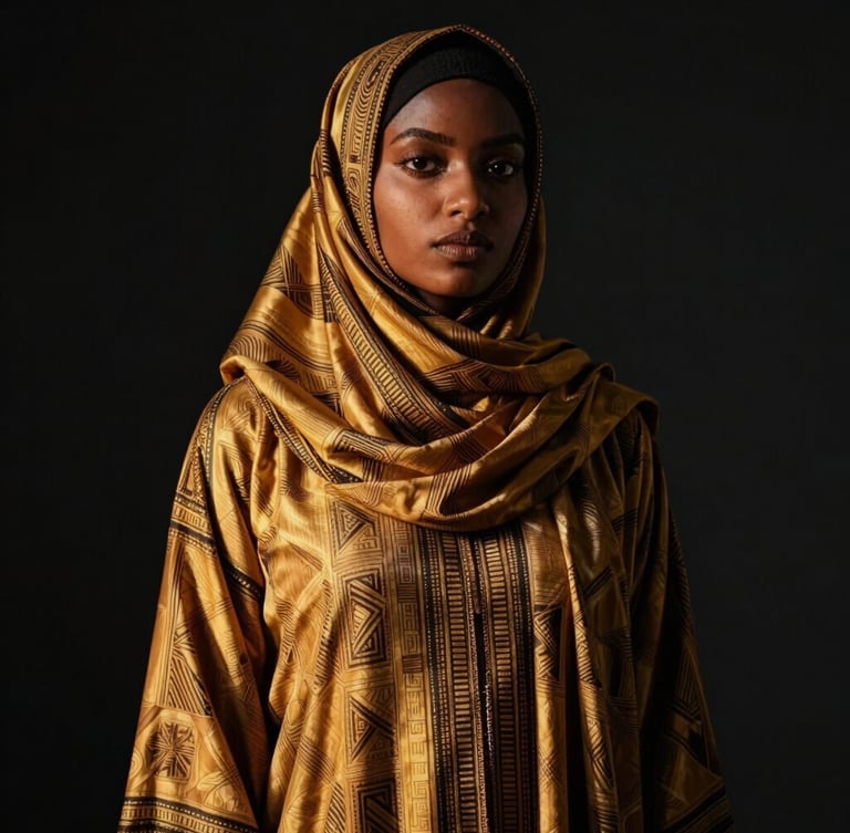 Cinematic portrait of a model in museum-grade Somali Alindi apparel, high-contrast chiaroscuro lighting, deep obsidian background, warm golden-hour glow highlighting geometric fabric patterns.