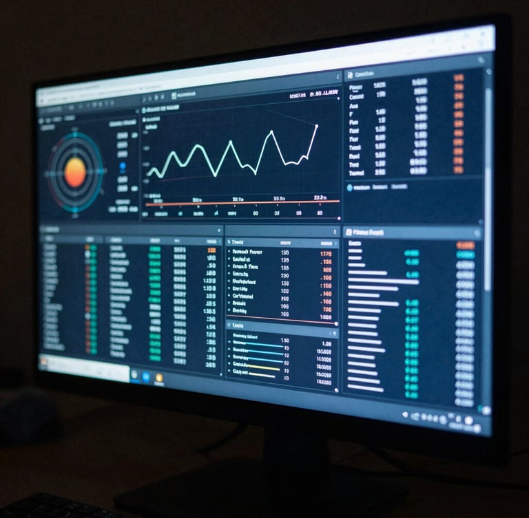 Wide shot of a high-resolution monitor displaying complex data visualizations and performance dashboards, with a cool blue screen glow and sharp shadows, moody editorial photography, 35mm film grain.