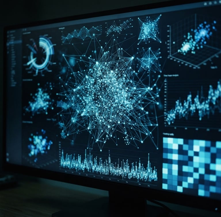 Macro close-up of a live analytics dashboard on a high-resolution screen, displaying complex data visualizations with cool blue screen glow, deep shadows, sharp focus, moody editorial photography, 35mm film grain.