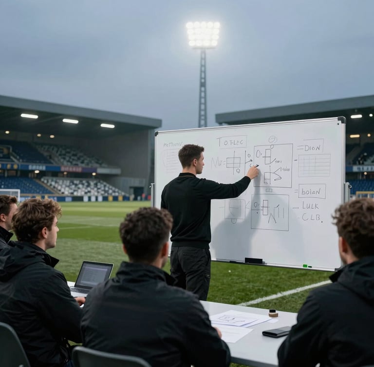 Cinematic high-contrast shot of an intense tactical whiteboard meeting in a modern football club facility, moody overcast light, sharp focus, 35mm editorial style