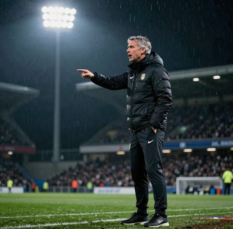 Cinematic medium shot of an elite football manager shouting instructions on the touchline, dramatic stadium floodlights cutting through light rain, moody cool tones, high-contrast, 35mm editorial style.