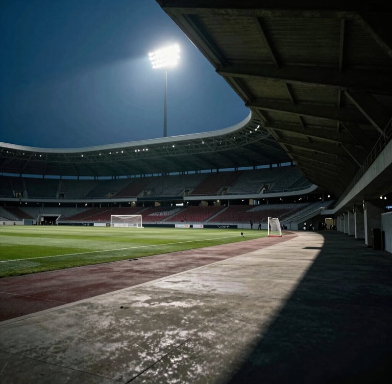 Dramatic stadium tunnel view, low angle, high contrast floodlights casting long shadows on concrete, 35mm cinematic sports photography.