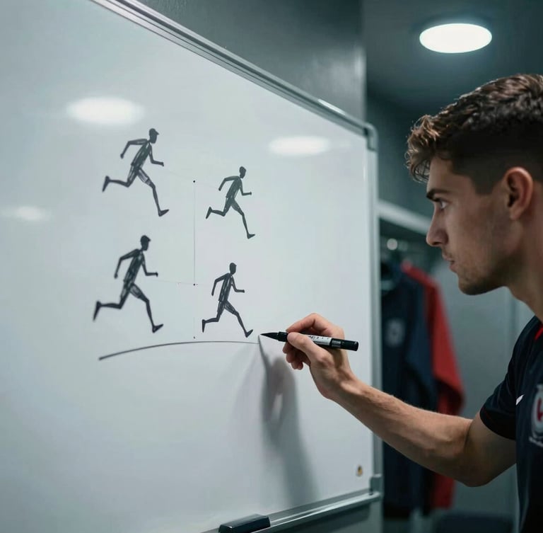 Close-up of a tactical whiteboard in a dimly lit dressing room, dry-erase marker lines showing player runs, intense focus, dramatic shadows, cool tones.