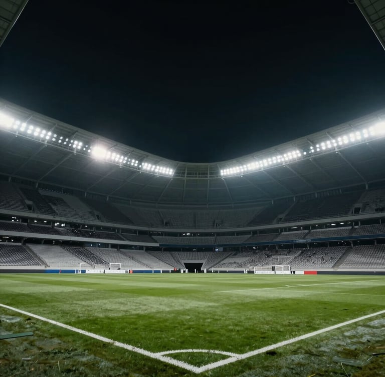 Cinematic wide shot of an empty modern football stadium under dramatic floodlights, cool high-contrast tones, 35mm editorial style