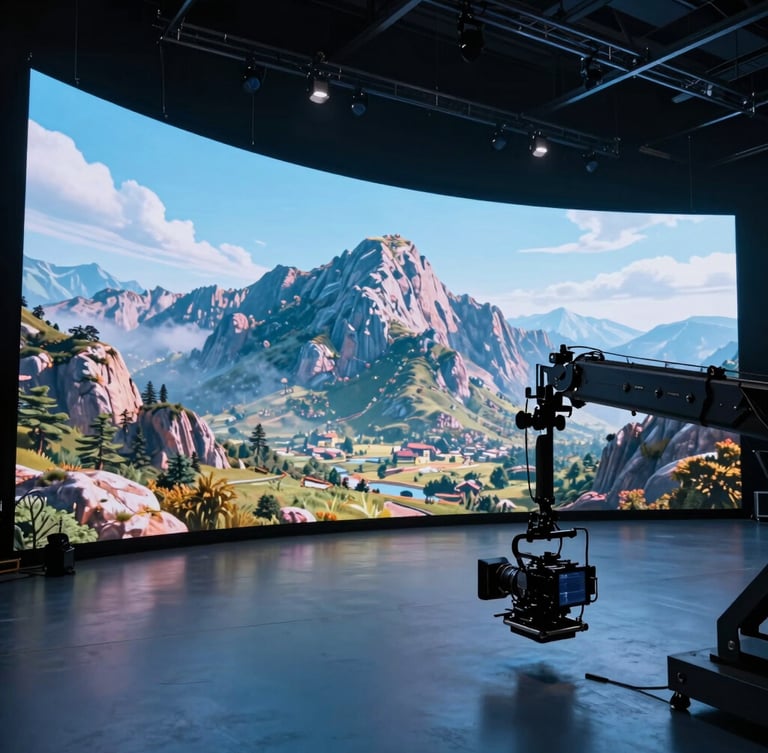 Wide panoramic view of a state-of-the-art virtual production stage, massive curved LED screen displaying a highly detailed 3D mountain landscape, cool blue ambient studio lighting, high-tech camera rig on a crane in the foreground, crisp focus.