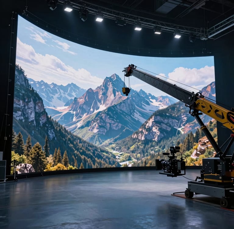 Wide angle of a virtual production set, massive curved LED wall displaying a photorealistic mountain range, camera rig on a crane in the foreground, cool blue studio lighting.