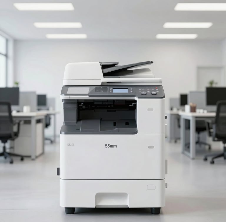 Professional high-volume industrial multifunction copier machine in a bright, modern corporate office, sharp product photography, clean white and grey tones, 35mm lens
