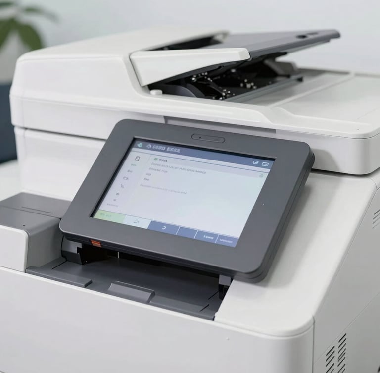 Close-up high-resolution product photography of an industrial multifunction copier touchscreen panel, bright office lighting, sharp focus, professional B2B tech aesthetic