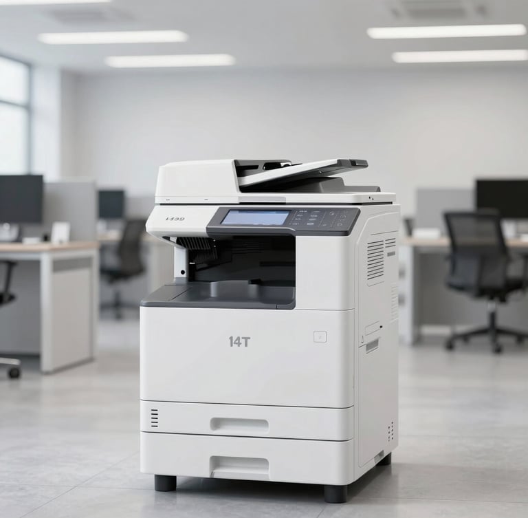 Wide-angle clean product photography of a large-format office copier in a bright, modern corporate showroom, neutral white and grey tones, sharp focus, professional B2B tech aesthetic, 35mm lens
