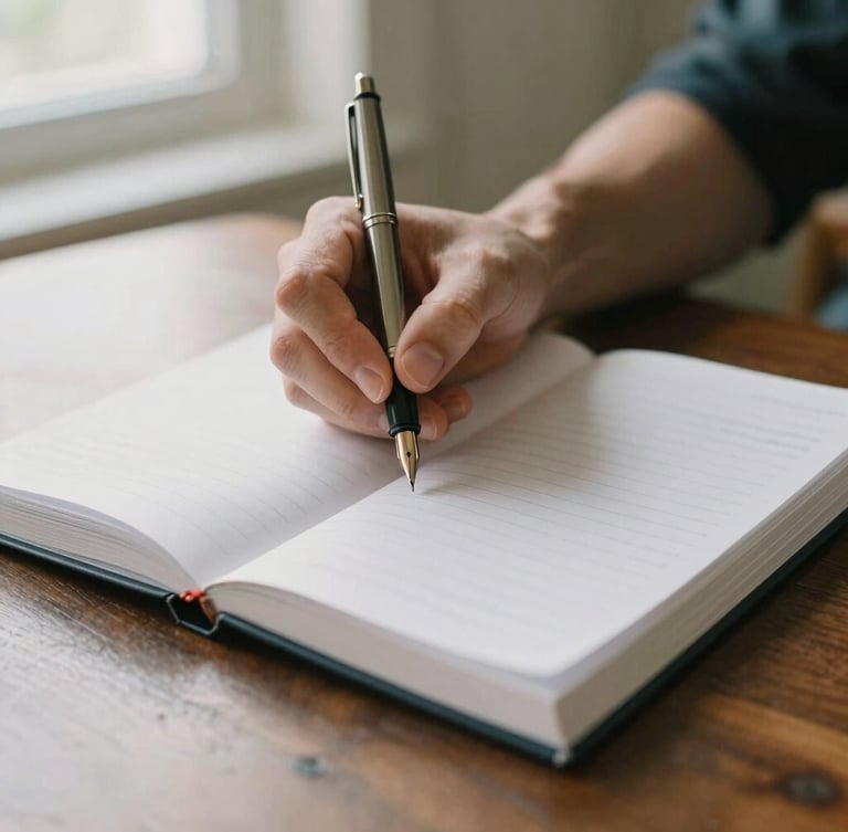 A close-up of hands writing with a fountain pen in a structured academic journal on a dark oak table, soft natural window light, warm editorial style.