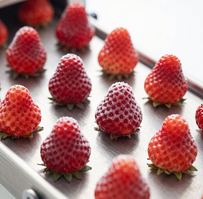 Sharp macro shot of individually quick frozen strawberry halves on a stainless steel conveyor belt, delicate frost crystals visible on the vibrant red fruit, bright high-key industrial lighting