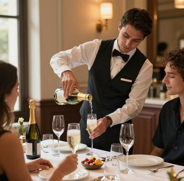 A professional server in a sharp uniform elegantly pouring champagne for a guest at a high-end private dinner, warm ambient lighting, editorial style.