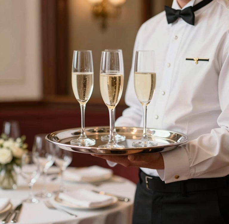 Elegant server in a crisp uniform holding a silver tray with champagne flutes, warm editorial lighting, soft focus background
