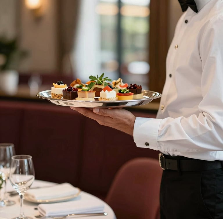 Elegant professional server in a crisp uniform holding a silver tray with plated appetizers, soft warm lighting, modern event setting, shallow depth of field.