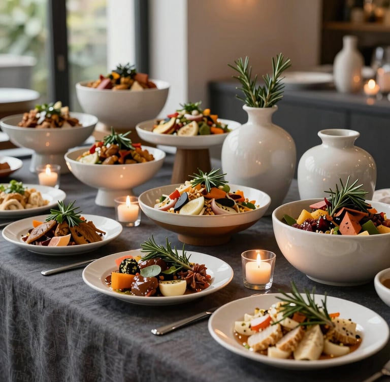 A wide environmental shot of a luxurious, modern buffet table abundant with diverse multi-cultural dishes, styled with elegant ceramic vessels, fresh rosemary sprigs, and warm candlelight on a dark linen surface.
