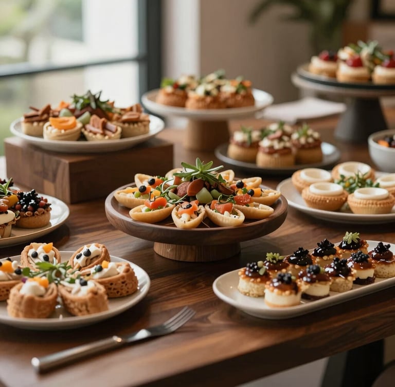 Warm editorial food photography of a beautifully styled modern buffet table, rich deep tones, soft natural daylight, elegant table settings, shallow depth of field.