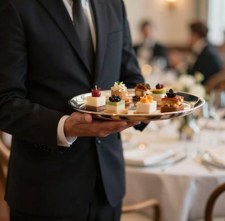 A professional server in a crisp, dark modern uniform holding a silver tray with elegant, minimalist hors d'oeuvres, soft warm event lighting, shallow depth of field.