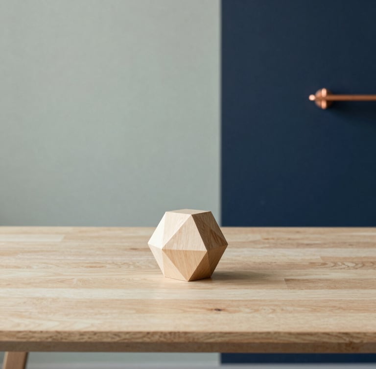 A bright, clean modern workspace with a geometric wooden model on a light oak table, soft shadows, warm copper accents, minimalist editorial photography.