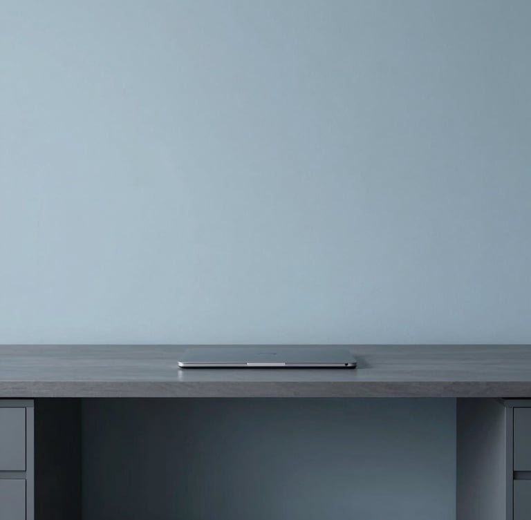 Minimalist developer workspace with cool, diffused daylight, slate blue and graphite tones, architectural lines