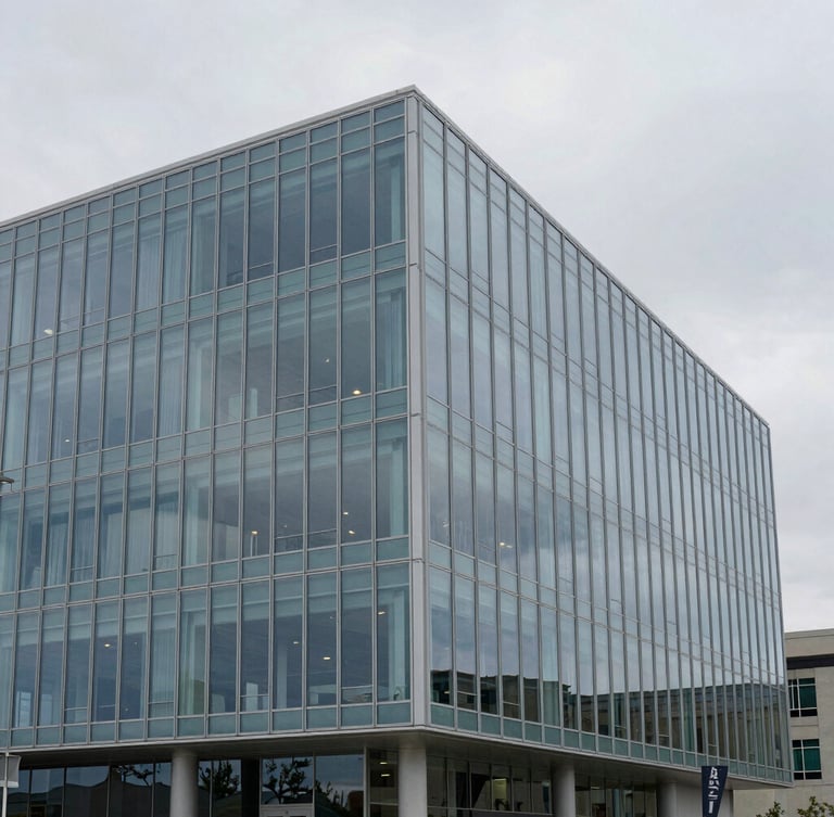 Architectural photograph of a modern glass office building in Draper Utah, soft overcast daylight, cool slate blue tones, geometric lines, 35mm