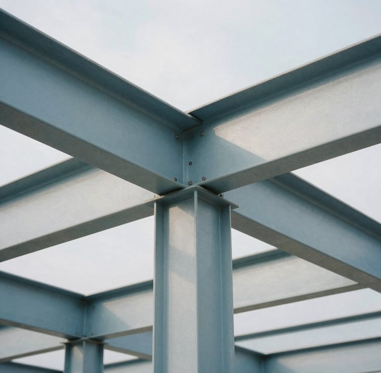 Macro architectural shot of clean geometric steel beams casting sharp shadows in diffused cool daylight, 35mm photography
