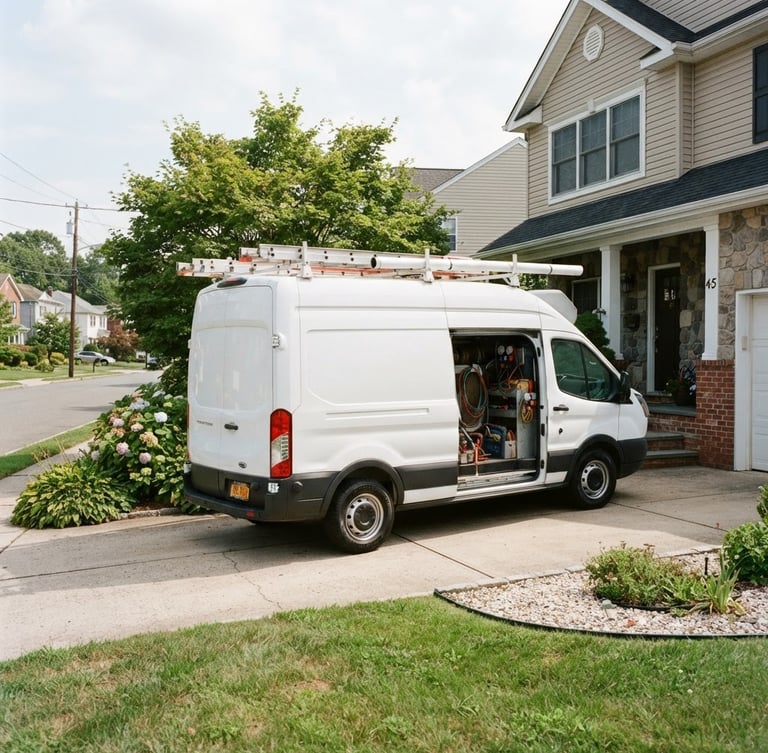 A clean HVAC service truck parked on a suburban driveway in New Rochelle, natural daylight, crisp documentary photography, 35mm lens