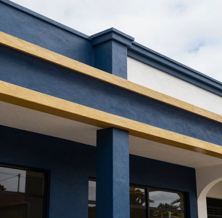 Sharp architectural close-up of newly finished exterior waterproofing and clean paint lines on a Durbanville commercial property, bright natural daylight