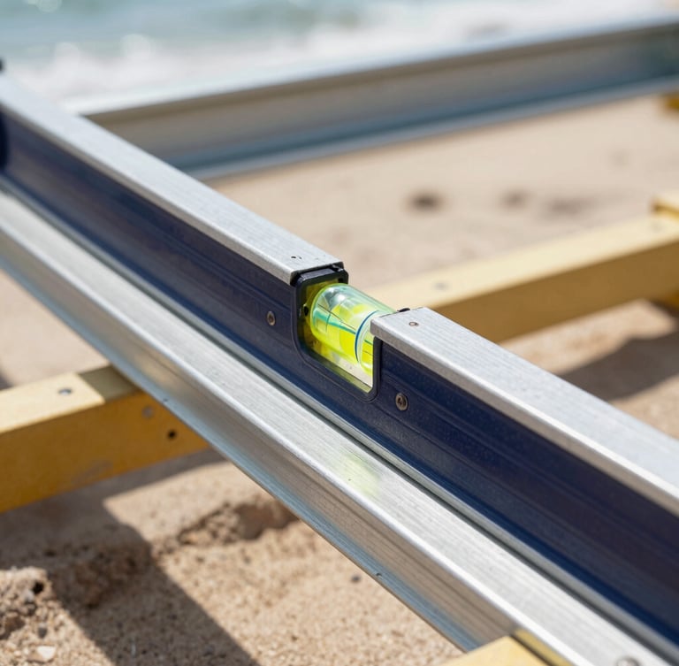 Close-up of a builder checking the alignment of a steel beam with a spirit level, bright natural daylight, sharp focus on the level bubble and steel texture.