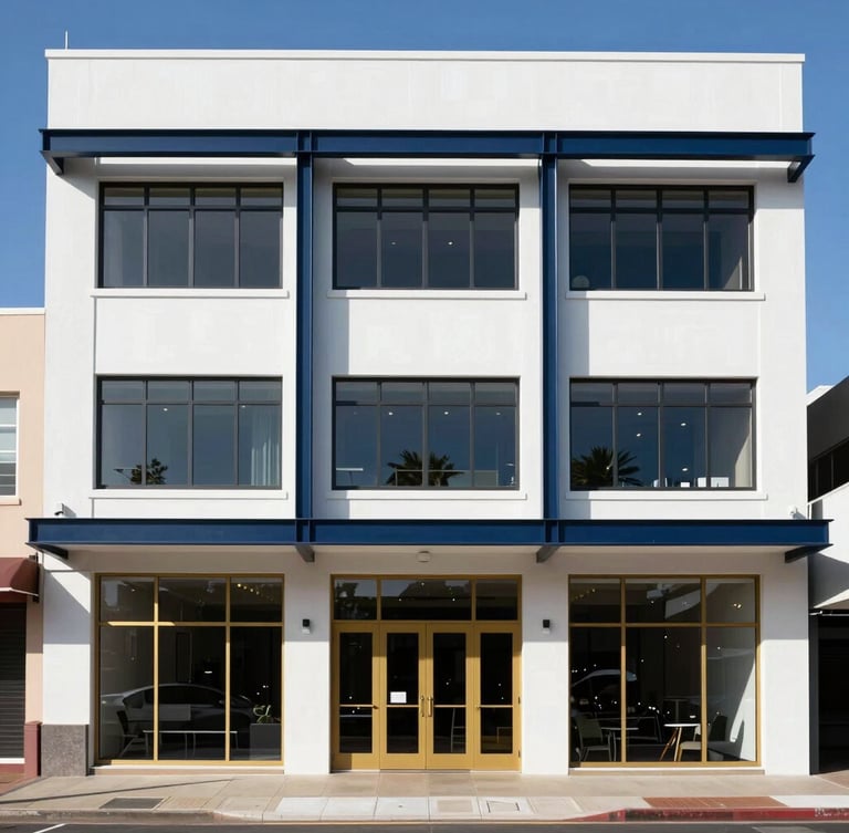 Straight-on architectural view of a newly renovated Durbanville commercial building under bright coastal daylight, crisp white walls and clean structural steel details.