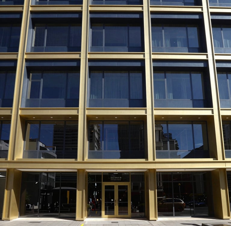 Straight-on architectural shot of a modern Cape Town commercial building with clean lines under bright coastal daylight, deep navy shadows, premium gold trim