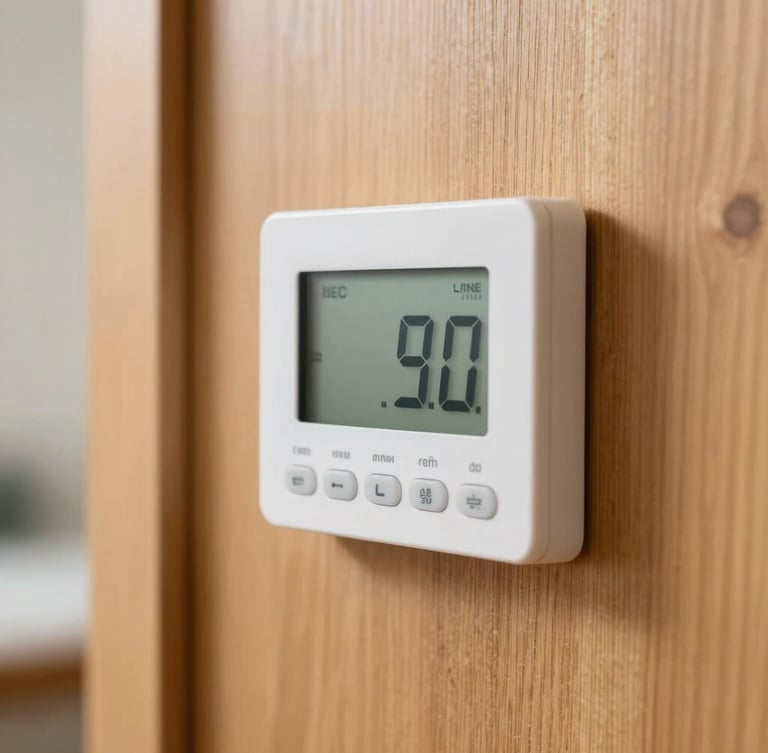 Close-up of a modern digital thermostat on a warm wooden wall, soft natural lighting, editorial style, 35mm