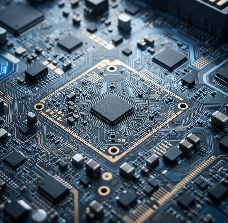 Macro close-up of a high-precision multi-layered circuit board, cool clinical studio lighting with sharp contrasts and subtle blue backlighting, technical blueprint aesthetic.