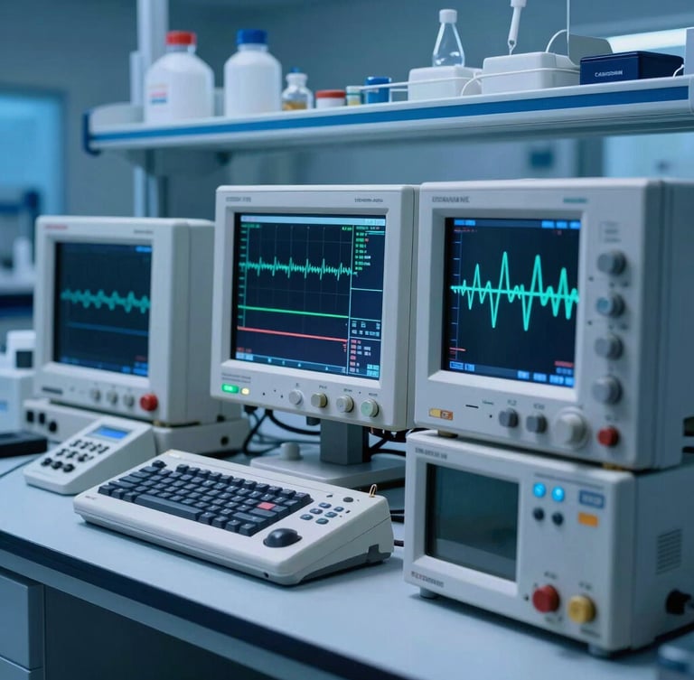A clean laboratory environment with high-tech testing equipment, oscilloscope screens showing complex waveforms, cool clinical blue backlighting, sharp technical focus