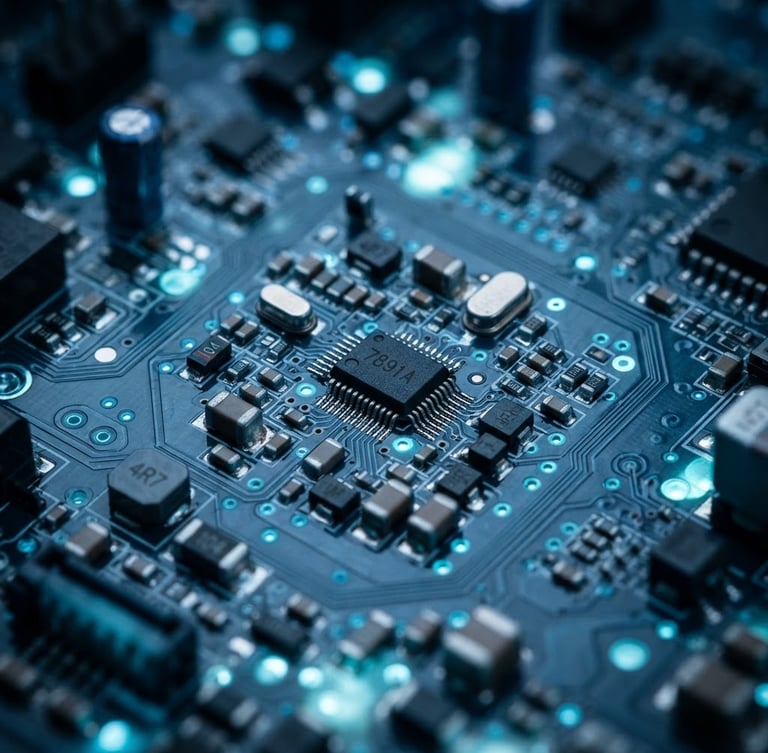 Macro close-up of a complex multilayer circuit board with cool clinical blue backlighting, sharp technical photography, depth of field, high-contrast details