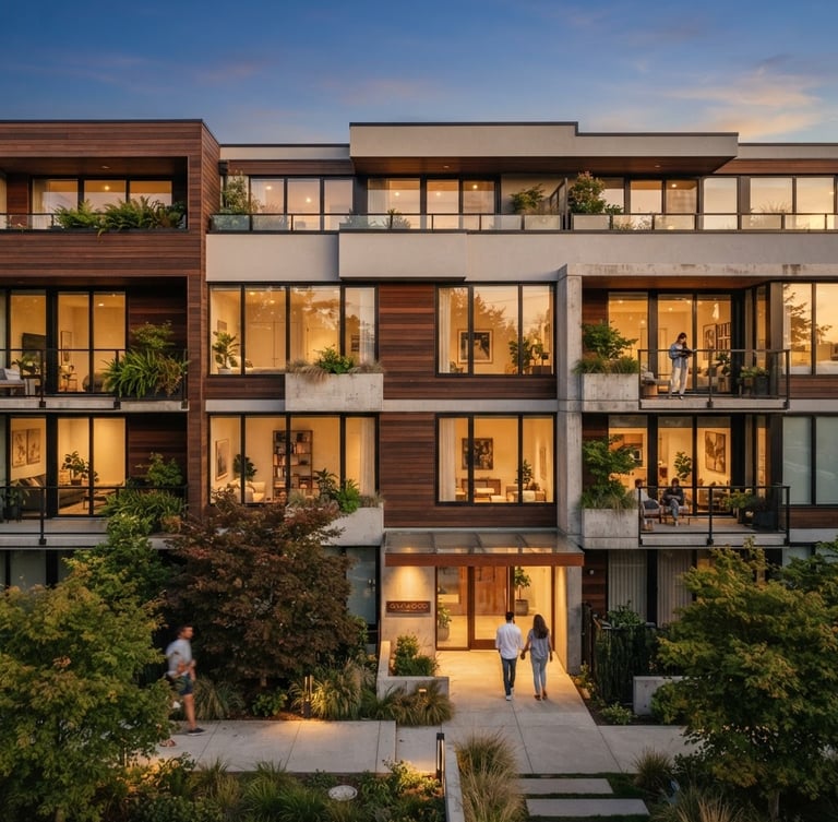 Wide-angle architectural photograph of a modern low-rise residential building facade with clean geometric lines, large glass windows, warm natural evening sunlight, 35mm.