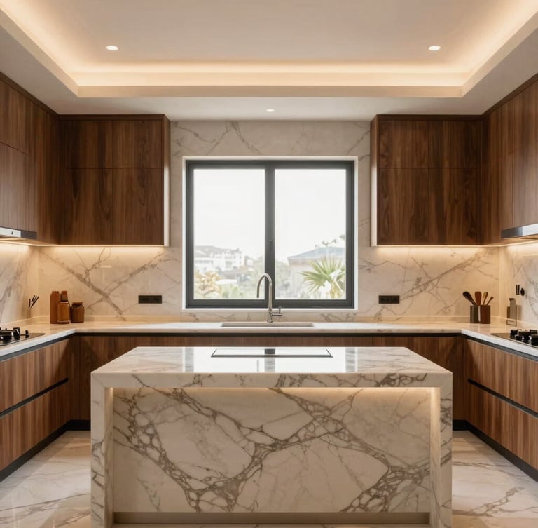 Straight-on architectural elevation of a luxury modern Saudi kitchen, warm natural window light, veined Calacatta marble countertops, integrated lighting, warm walnut cabinetry, 35mm photography