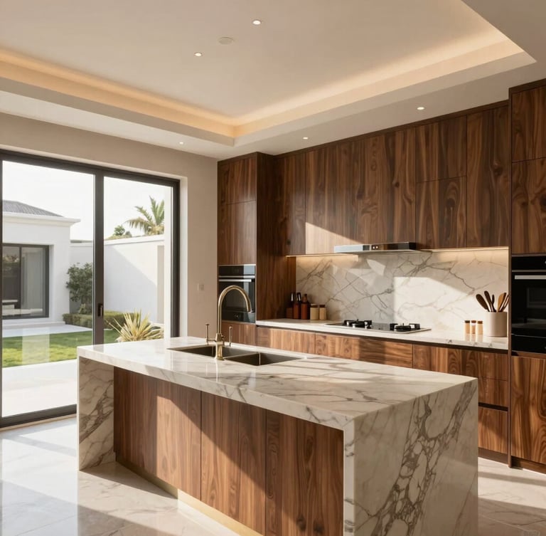 Wide-angle architectural shot of a luxurious Saudi villa kitchen, warm natural daylight streaming through windows, walnut cabinetry and veined marble countertops, premium modern details, 35mm