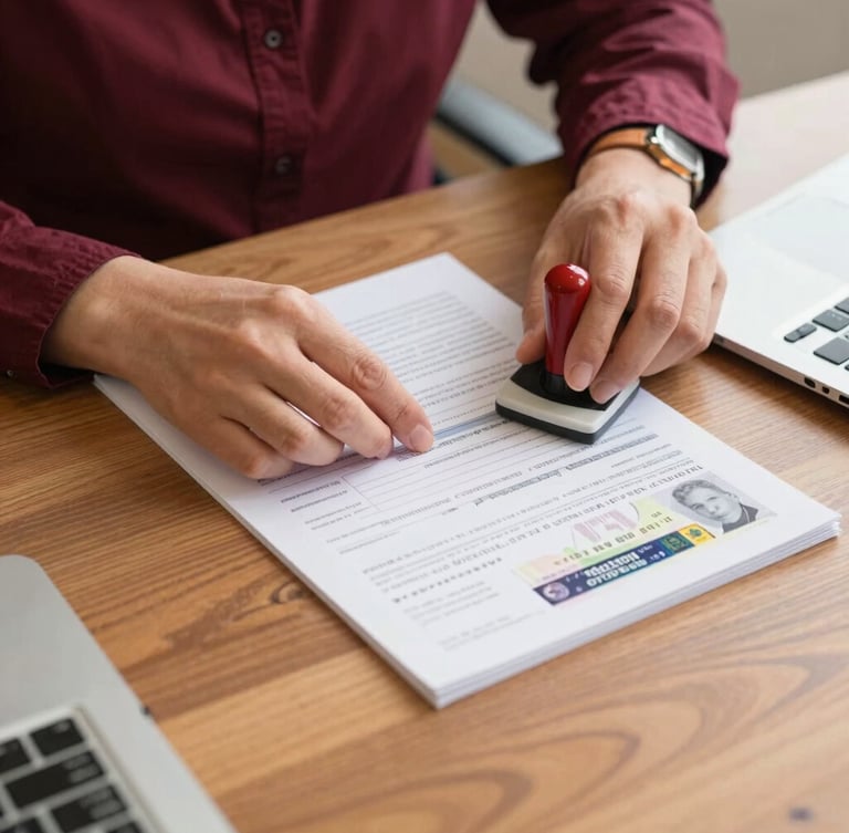 Hands of a consultant carefully stamping and organizing visa application forms on a wooden desk, warm editorial style