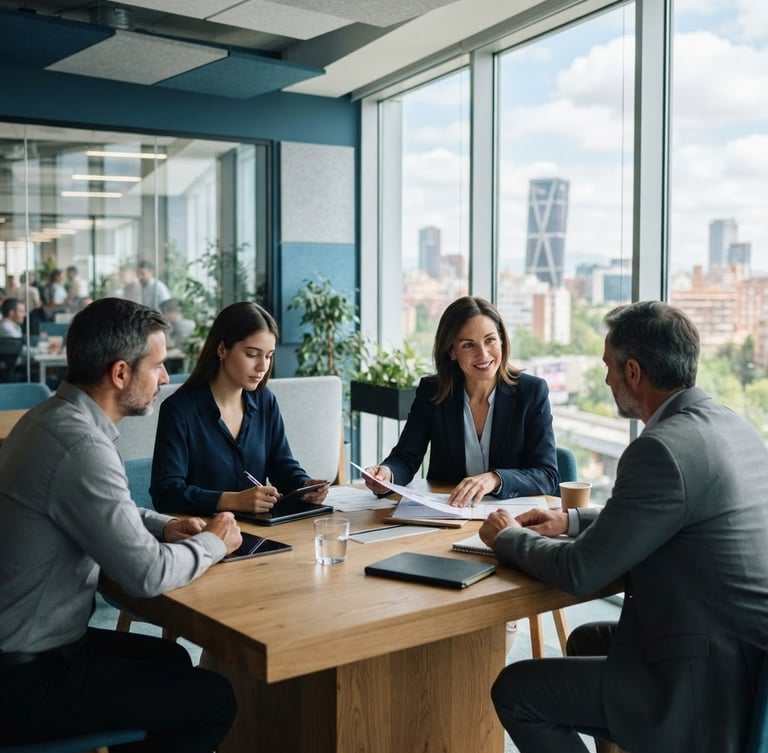 Bright modern corporate office in Madrid, professional executives collaborating around a wooden table, soft window light, clean blue and gray tones, shallow depth of field, 35mm
