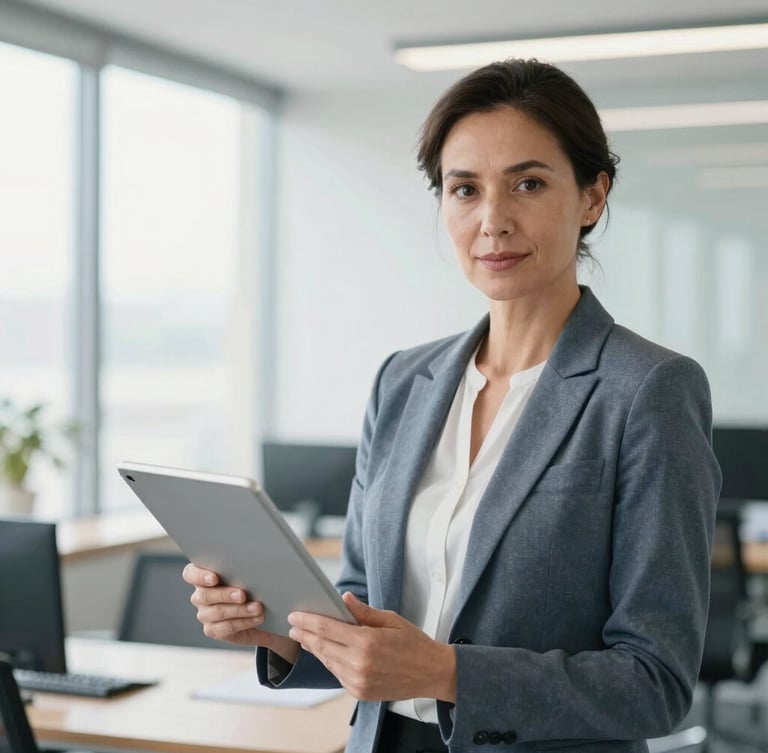 Portrait of a confident female executive in her 40s in a bright, modern corporate office, holding a digital tablet displaying clean business metrics, soft natural lighting, professional blue and gray tones, 35mm