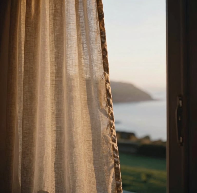 A close-up portrait of textured linen curtains blowing in a soft breeze through an open window overlooking a misty Welsh coastline at dawn, warm morning light, shallow depth of field.