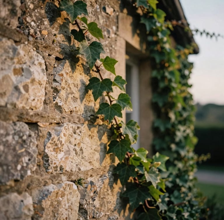 Tactile close-up of weathered stone wall and climbing green ivy at an ancient estate, soft overcast daylight, cinematic warm tones, shallow depth of field.