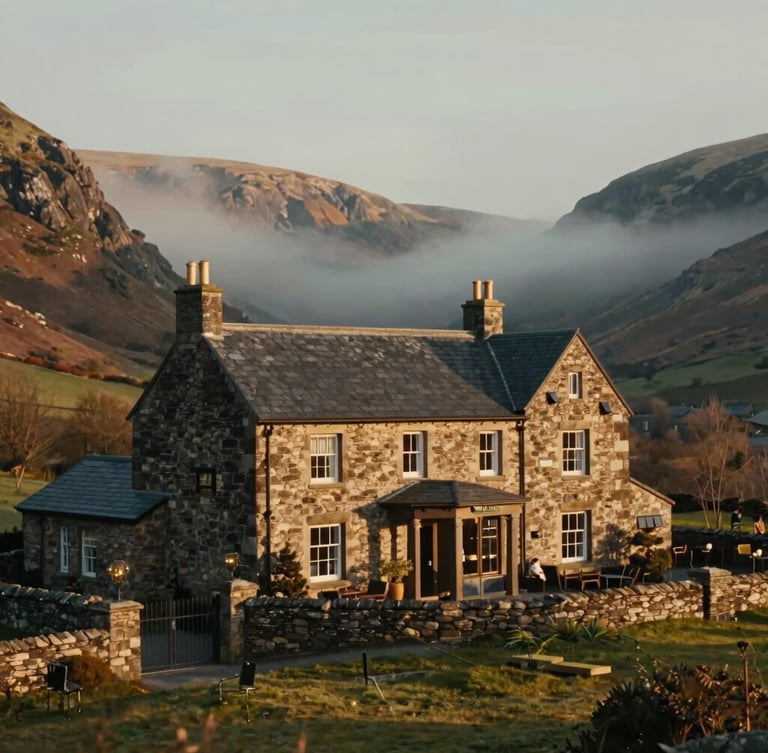 Cinematic wide shot of a boutique stone hotel nestled in a misty Welsh valley at golden hour, soft natural light, rich warm tones, 35mm film aesthetic.