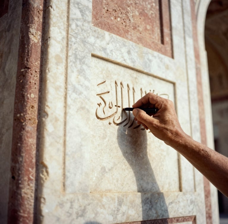A close-up of weathered hands tracing ancient Arabic calligraphy carved into the white marble of a Mughal archway, soft dusty light, high contrast, 35mm film.
