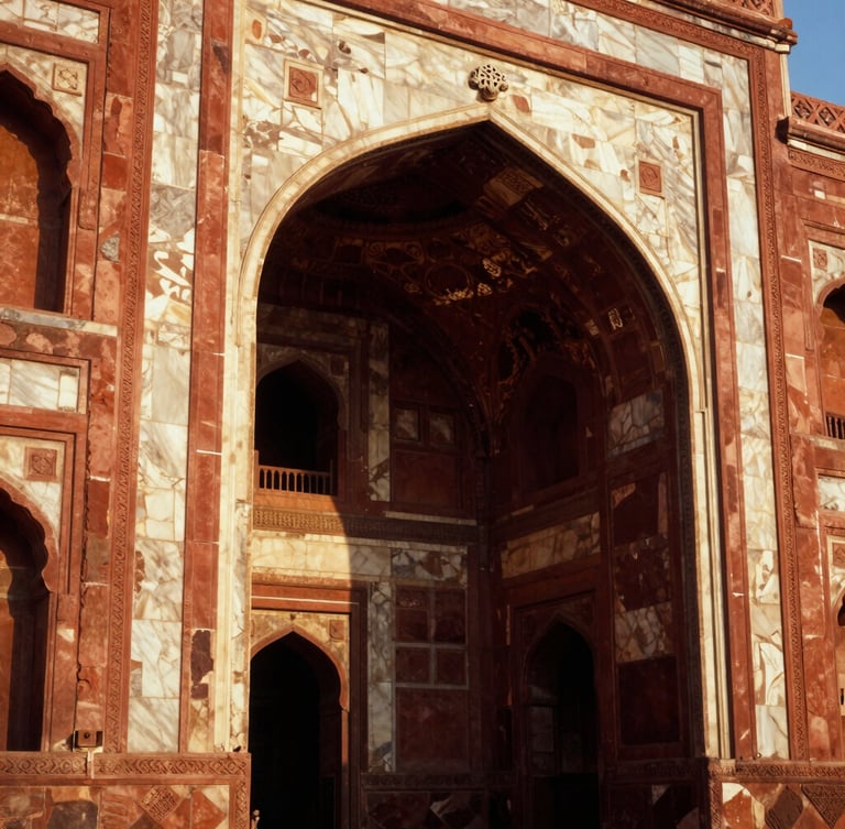 Close-up of intricate Mughal carvings on a red sandstone archway, dramatic side-lighting from the low golden sun casting deep shadows, 35mm film style.
