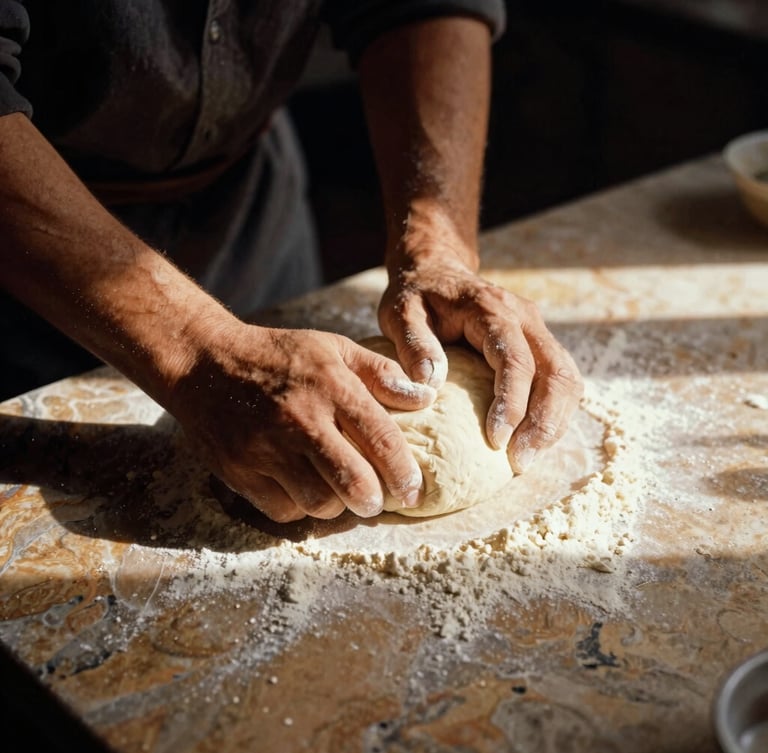 Close-up of weathered hands kneading dough on a stone counter, flour dust catching a sharp beam of golden sunlight, high contrast, 35mm film.